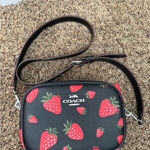 Coach Black and Red Strawberry Print Crossbody Bag